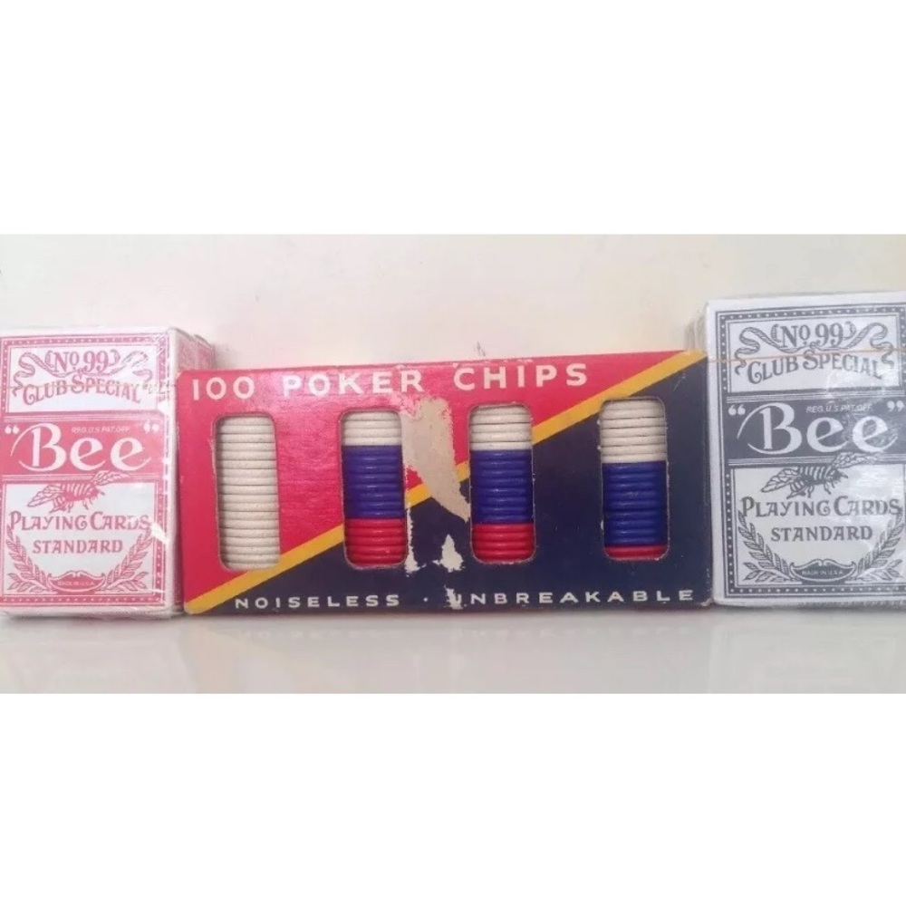 Vintage Dennison Box of 100 Poker Chips & 4 Packs Of Bee Playing Cards